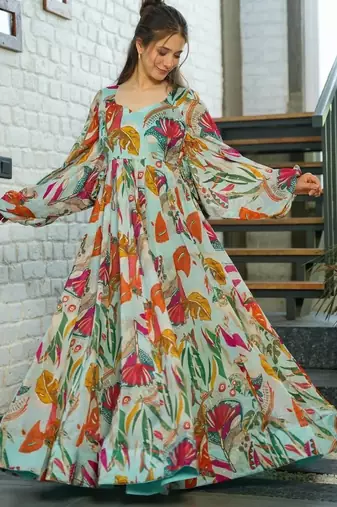 Multicolor digital printed air tex chinon traditional anarkali gown