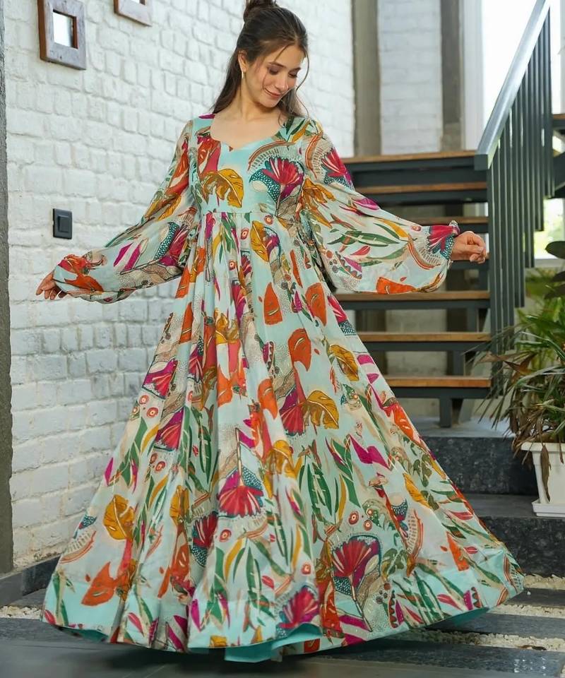 Multicolor digital printed air tex chinon traditional anarkali gown