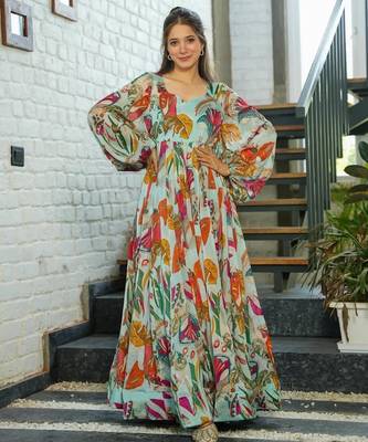 Multicolor digital printed air tex chinon traditional anarkali gown 2