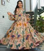 Multicolor digital printed air tex chinon traditional anarkali gown