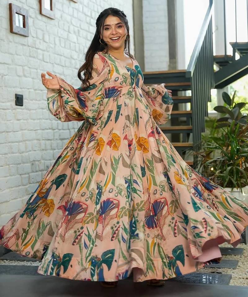 Multicolor digital printed air tex chinon traditional anarkali gown