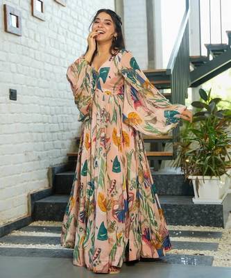 Multicolor digital printed air tex chinon traditional anarkali gown 2
