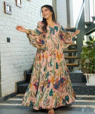 Multicolor digital printed air tex chinon traditional anarkali gown 3