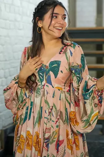 Multicolor digital printed air tex chinon traditional anarkali gown