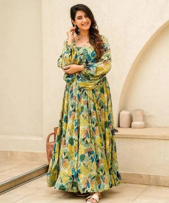 Multicolor digital printed air tex chinon traditional anarkali gown 1