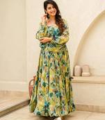 Multicolor digital printed air tex chinon traditional anarkali gown