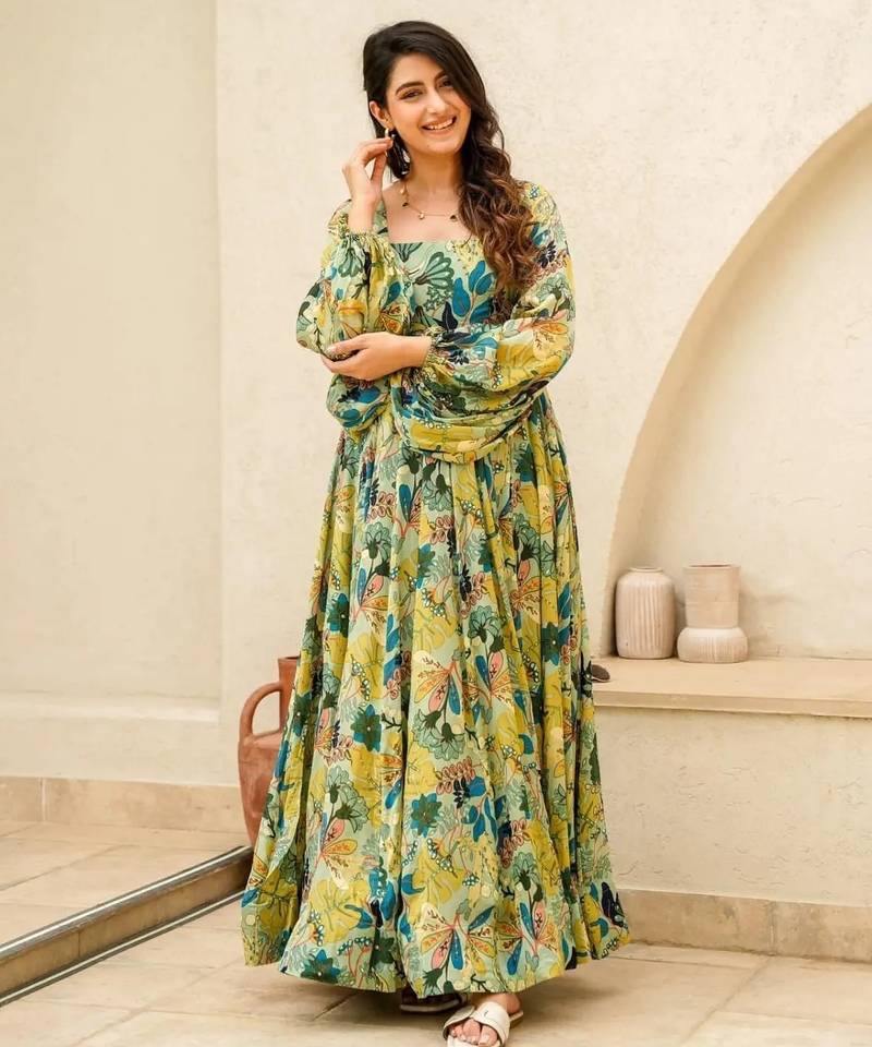 Multicolor digital printed air tex chinon traditional anarkali gown