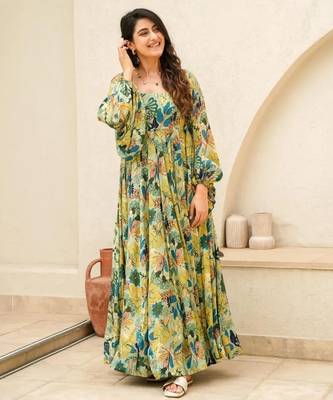 Multicolor digital printed air tex chinon traditional anarkali gown 2