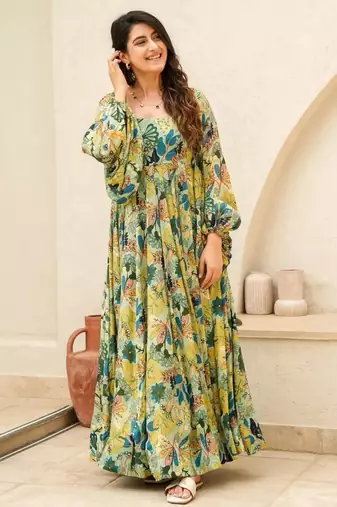 Multicolor digital printed air tex chinon traditional anarkali gown