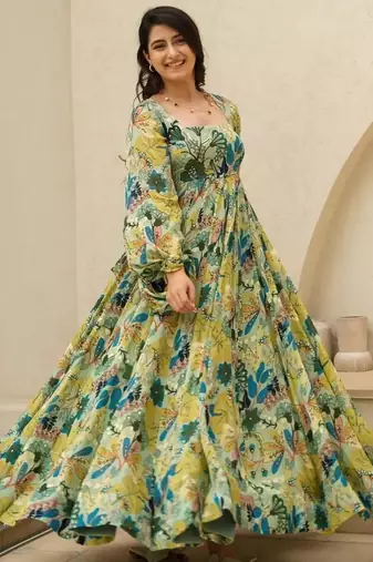 Multicolor digital printed air tex chinon traditional anarkali gown