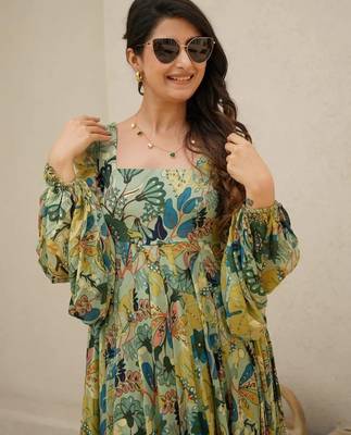 Multicolor digital printed air tex chinon traditional anarkali gown 4