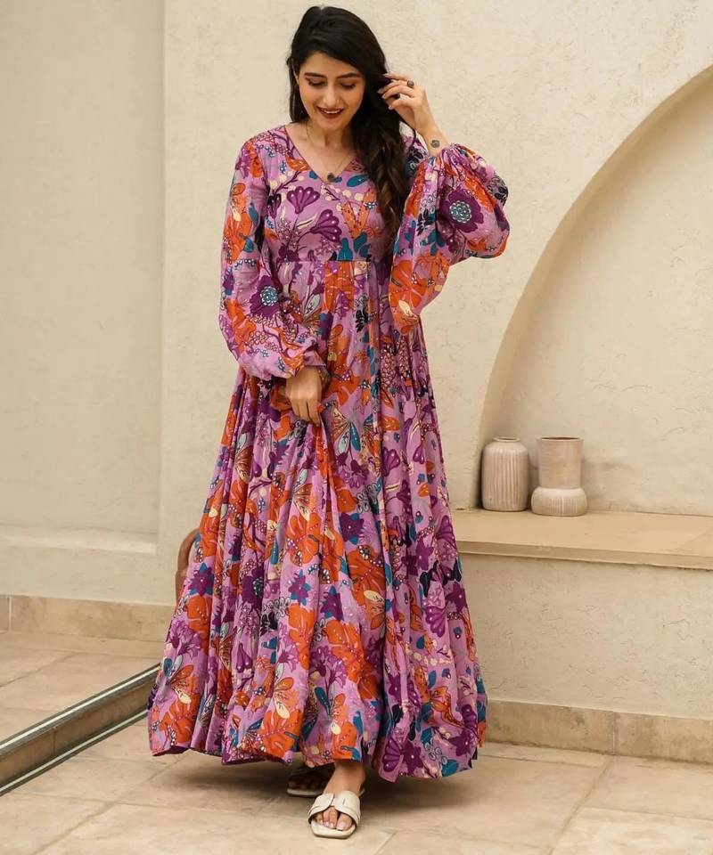 Multicolor digital printed air tex chinon traditional anarkali gown