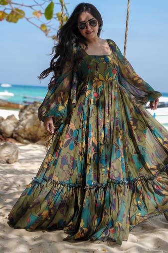 Mehendi digital printed georgette traditional anarkali gown