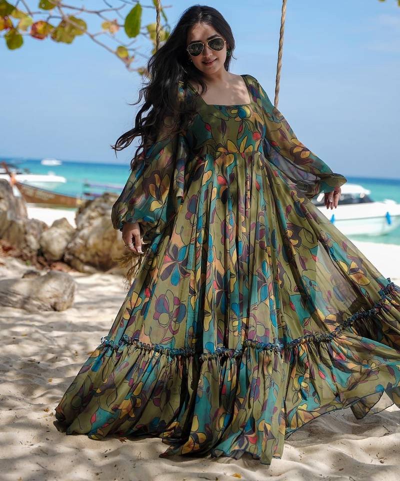 Mehendi digital printed georgette traditional anarkali gown