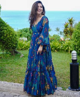 Blue digital printed georgette traditional anarkali gown 2