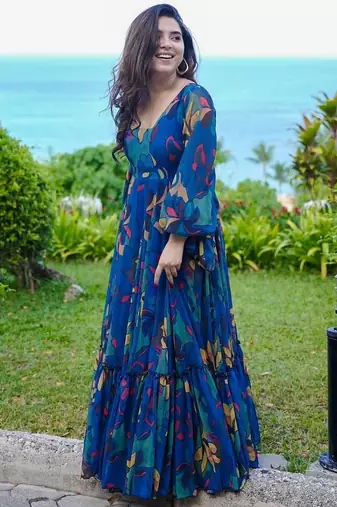 Blue digital printed georgette traditional anarkali gown