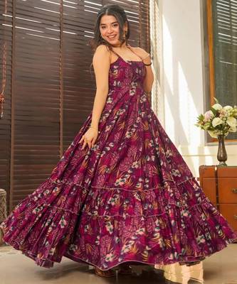 Wine digital printed rayon traditional anarkali gown 1