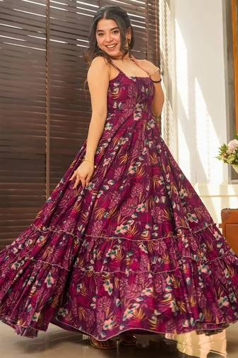 Wine digital printed rayon traditional anarkali gown