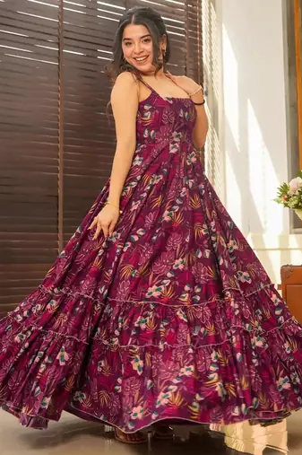 Wine digital printed rayon traditional anarkali gown