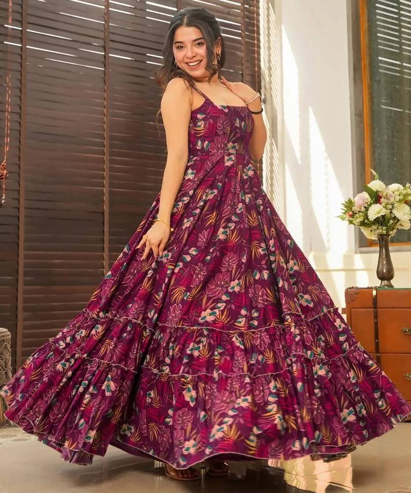 Wine digital printed rayon traditional anarkali gown