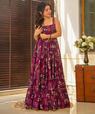 Wine digital printed rayon traditional anarkali gown 2