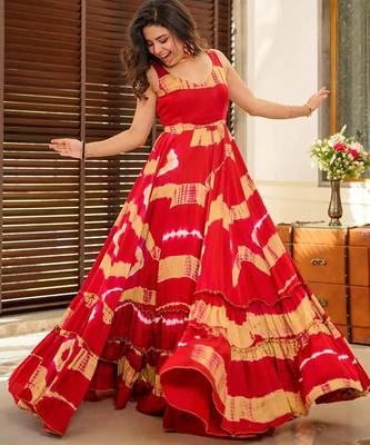 Red digital printed rayon traditional anarkali gown 1