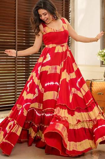 Red digital printed rayon traditional anarkali gown