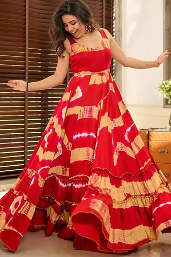 Red digital printed rayon traditional anarkali gown