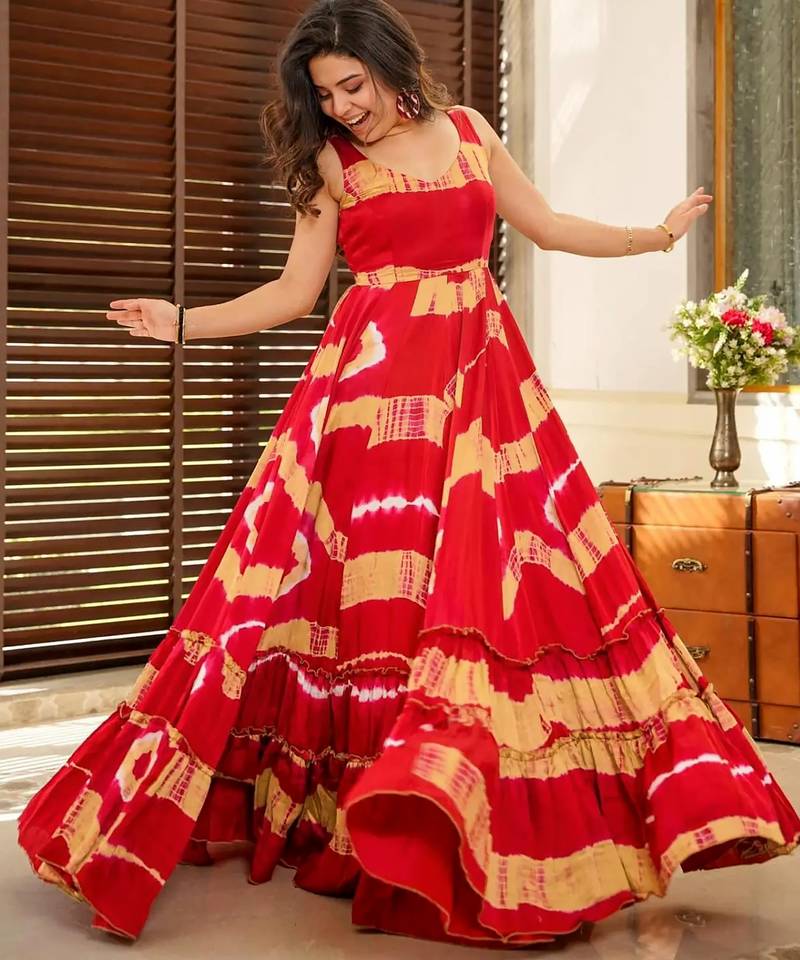 Red digital printed rayon traditional anarkali gown