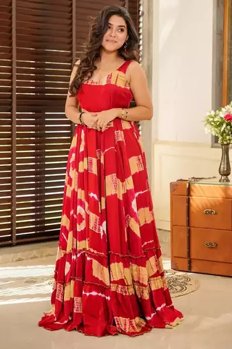 Red digital printed rayon traditional anarkali gown