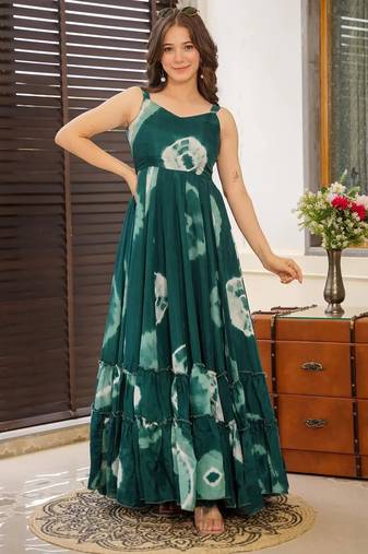 Bottle green digital printed rayon traditional anarkali gown