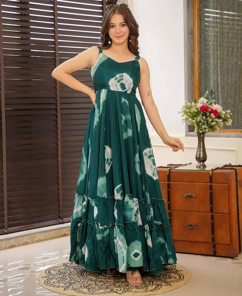 Bottle green digital printed rayon traditional anarkali gown
