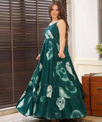 Bottle green digital printed rayon traditional anarkali gown 2