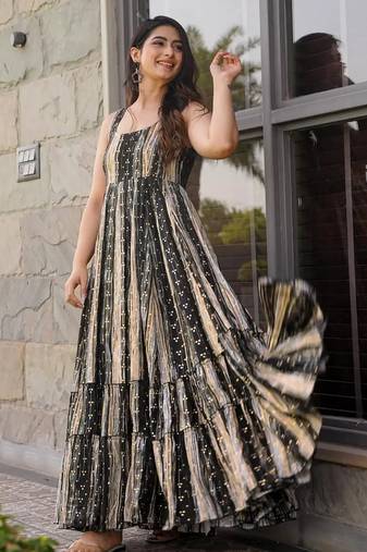 Black digital printed rayon traditional anarkali gown