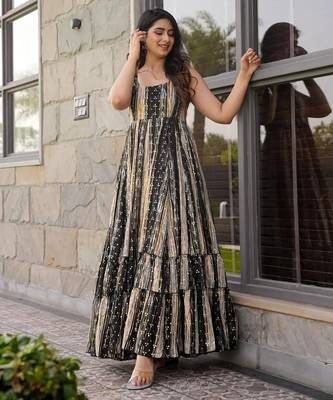 Black digital printed rayon traditional anarkali gown 3