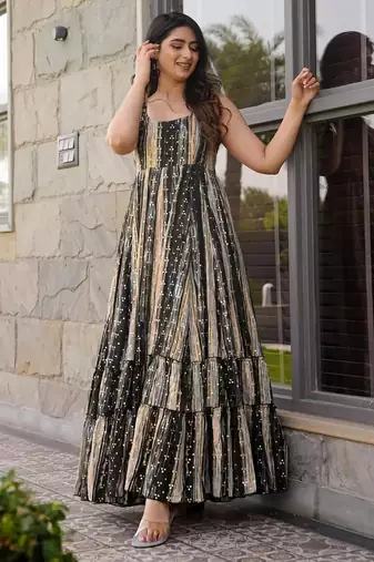 Black digital printed rayon traditional anarkali gown