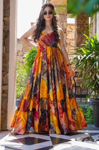 Multicolor digital printed rayon traditional anarkali gown