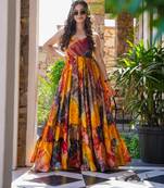 Multicolor digital printed rayon traditional anarkali gown