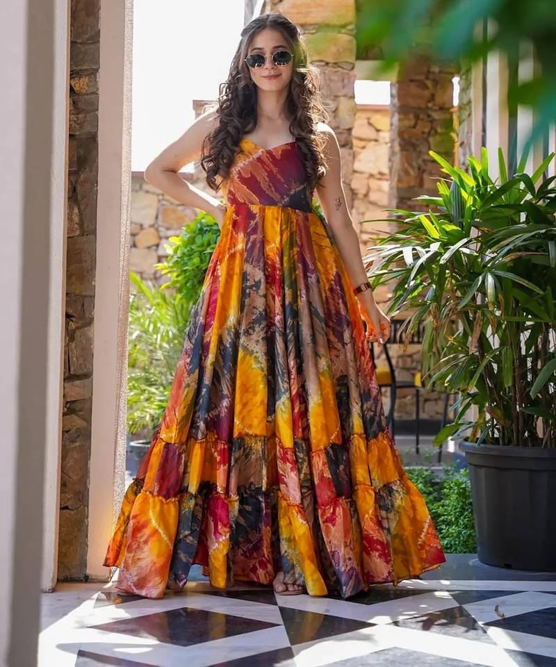 Multicolor digital printed rayon traditional anarkali gown