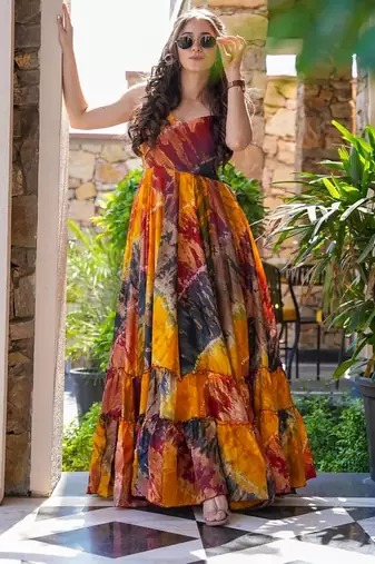 Multicolor digital printed rayon traditional anarkali gown