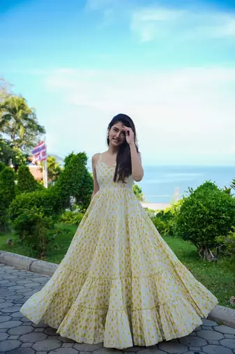 White digital printed rayon traditional anarkali gown