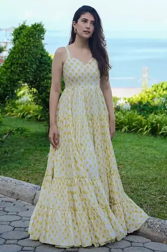 White digital printed rayon traditional anarkali gown