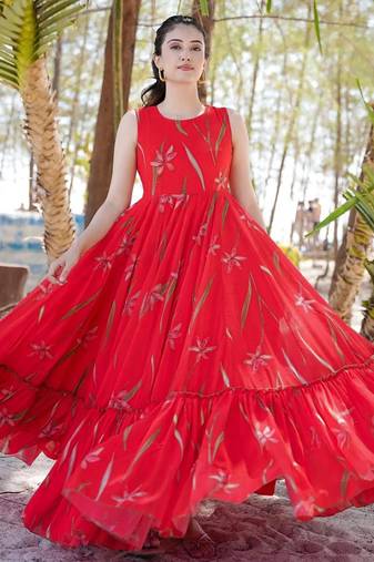 Rani pink digital printed faux georgette traditional anarkali gown