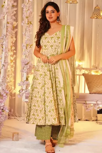 Green digital printed maslin traditional gown set with dupatta