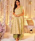 Green digital printed maslin traditional gown set with dupatta