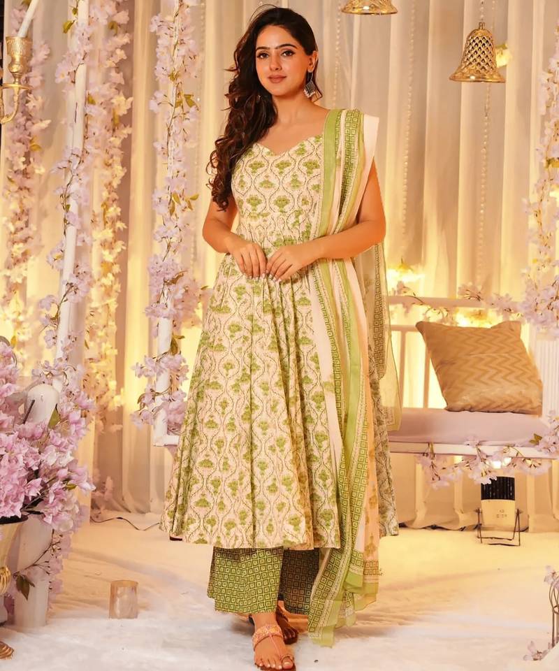Green digital printed maslin traditional gown set with dupatta