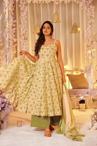 Green digital printed maslin traditional gown set with dupatta