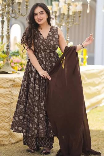 Coffee digital printed maslin traditional gown set with dupatta