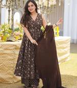 Coffee digital printed maslin traditional gown set with dupatta