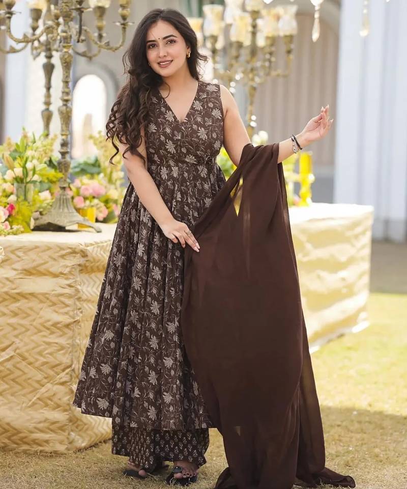 Coffee digital printed maslin traditional gown set with dupatta